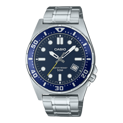 Casio men analog watch, blue dial with silver stainless steel band, model CS-MTD-135D-2AVDF, Bahrain