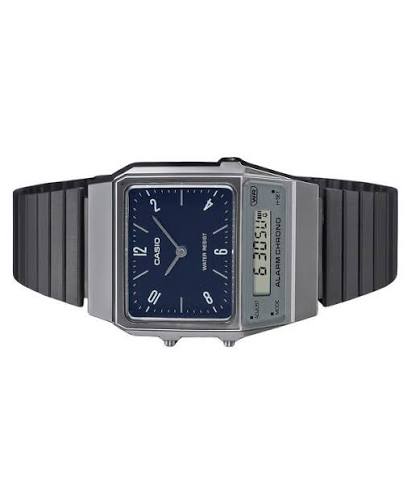 Casio Vintage Unisex Watch Analog-Digital Blue Dial With Black Stainless Steel Band, AQ-800EB-2ADF