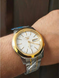Seiko Men's Mechanical Watch Analog, White Dial Silver & Gold Stainless Band, SNKE54J
