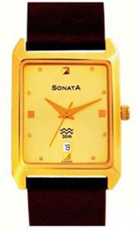 Sonata Men's Watch Analog Champagne Dial With Brown Leather Strap, 7007YL02