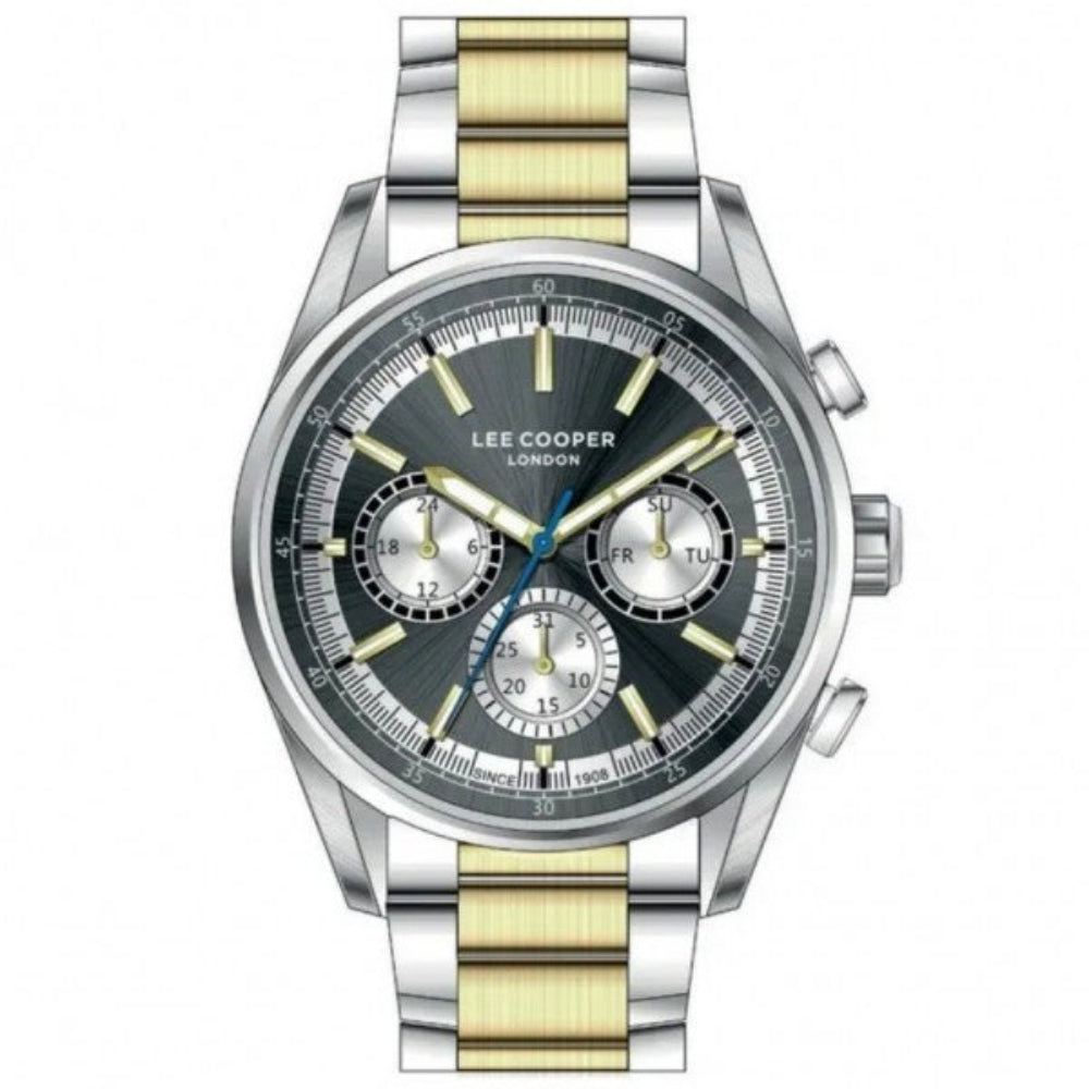 Lee Cooper Men's Multifunction Watch Gun Dial With Two Toned Silver And Gold Metal Band,LC07986.260