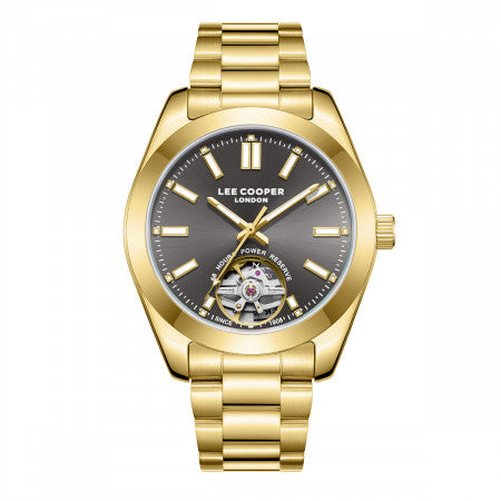 Lee Cooper Men's Automatic Skeleton Watch Black Dial with Gold Metal Band,LC08228.160