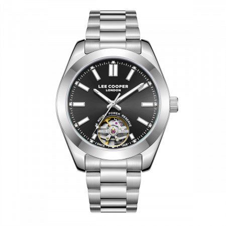 Lee Cooper Men's Automatic Skeleton Watch Black Dial with Silver Metal Band,LC08228.350