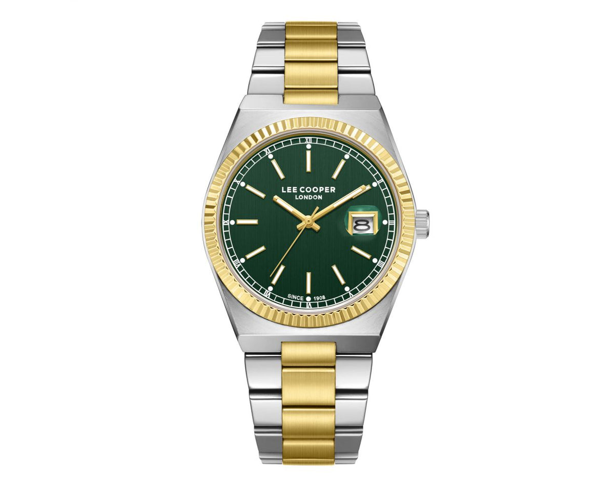 Lee Cooper Men's Date Analog Watch with Dark Green Dial and Silver/Gold Stainless Steel Band, LC08374.270