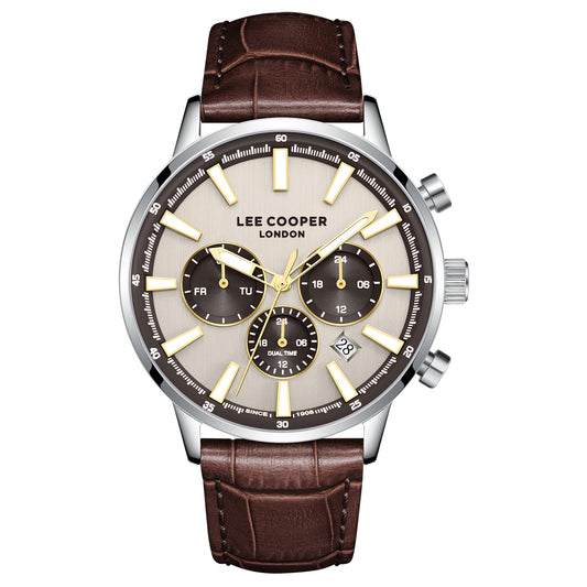 Lee Cooper Men's Multifunction Watch with Grey Dial and Dark Brown Leather Band, LC08401.362