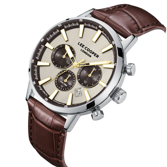 Lee Cooper Men's Multifunction Watch with Grey Dial and Dark Brown Leather Band, LC08401.362