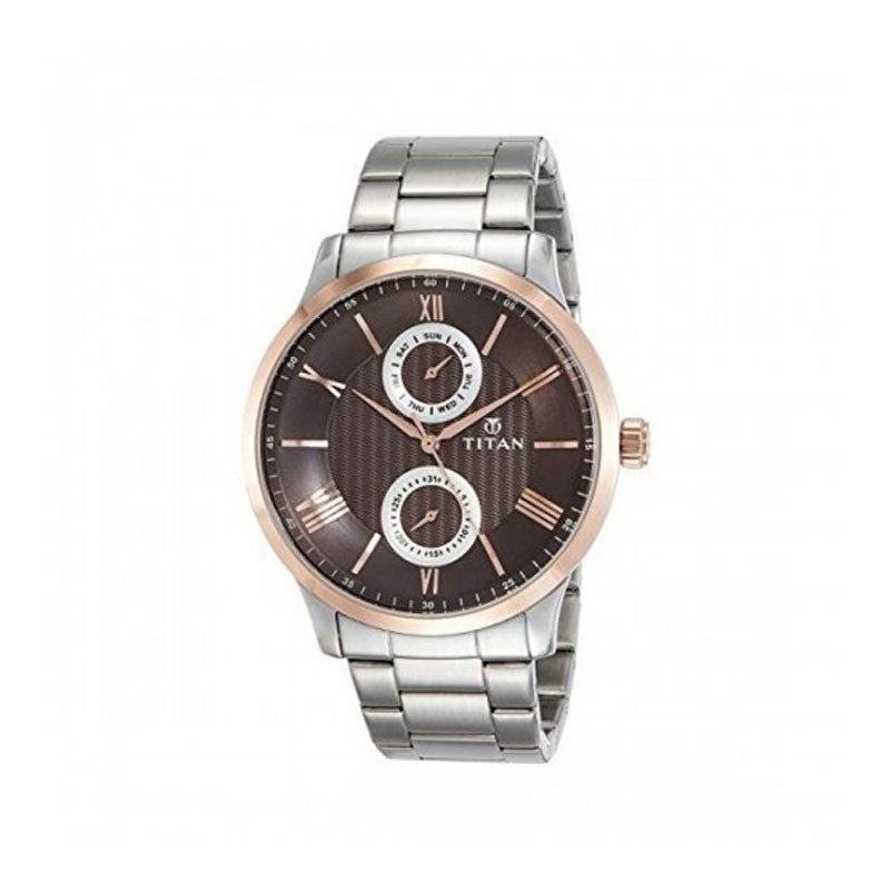 Titan Men's Multifunction Watch Analog Brown Dial Silver Stainless Steel Band, 90100KM01