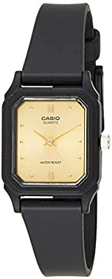 Casio, Womenâ€™s Watch Analog, Gold Dial Black Resin Band, LQ-142E-9ADF