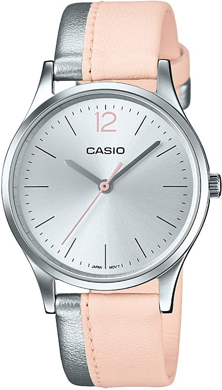 Casio, Women's Watch Fashion Collection Analog, Silver Dial Silver & Pink Leather Band, LTP-E133L-4B1DF