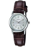 Casio, Womenâ€™s Watch Analog, White Dial Brown Leather Band, LTP-V002L-7B2UDF