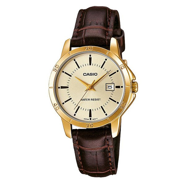 Casio, Womenâ€™s Watch Analog, Beige Dial Brown Leather Band, LTP-V004GL-9AUD
