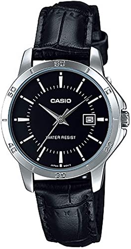 Casio, Womenâ€™s Watch Analog, Black Dial Black Leather Band, LTP-V004L-1AUDF
