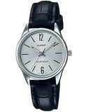 Casio, Womenâ€™s Watch Analog, Silver Dial Black Leather Band, LTP-V005L-7BUDF