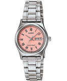 Casio, Womenâ€™s Watch Analog, Pink Dial Silver Stainless Band, LTP-V006D-4BUDF