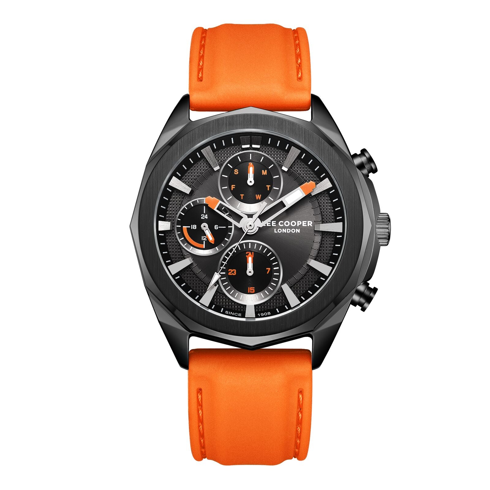 Lee Cooper Men's Watch Analog Black Dial with Orange Leather Strap, LC07990.068