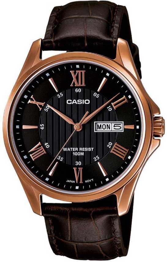Casio, Men’s Watch Analog, Black Dial Brown Leather Band, MTP-1384L-1AVDF