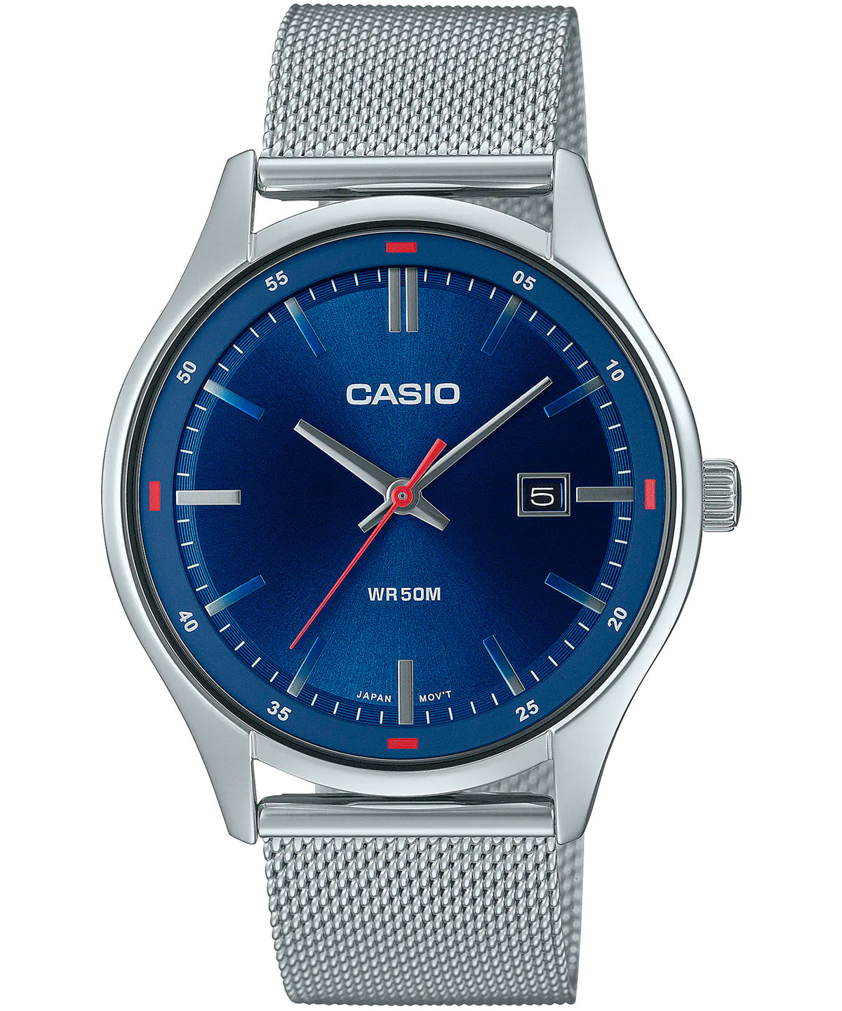 Casio, Men's Watch Analog, Blue Dial Silver Stainless Steel Mesh Band, MTP-E710M-2A