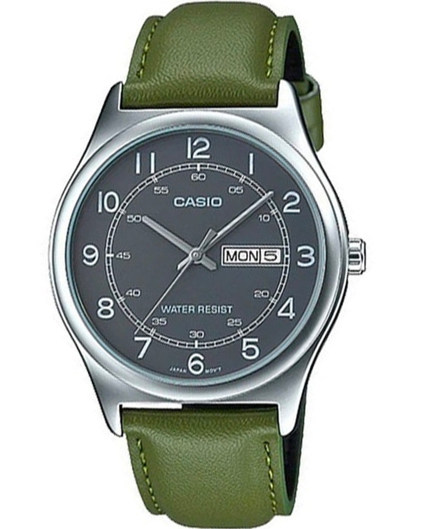 Casio, Men’s Watch Analog, Black Dial Green Leather Band, MTP-V006L-3BUDF