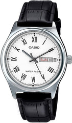 Casio, Men’s Watch Analog, White Dial Black Leather Band, MTP-V006L-7BUDF