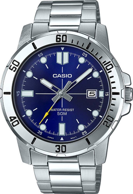 Casio Men's Watch Analog, Blue Dial Silver Stainless Steel Strap, MTP-VD01D-2EVUD