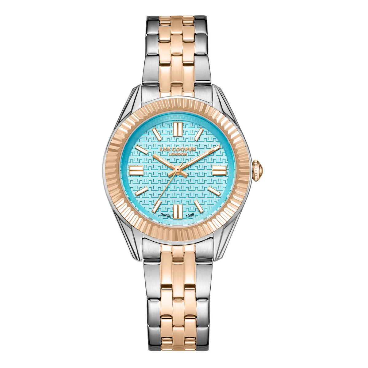 Lee Cooper Women's Watches Analog Tiffany Blue Dial with Silver/Rose Gold Stainless Steel Band, LC08038.590