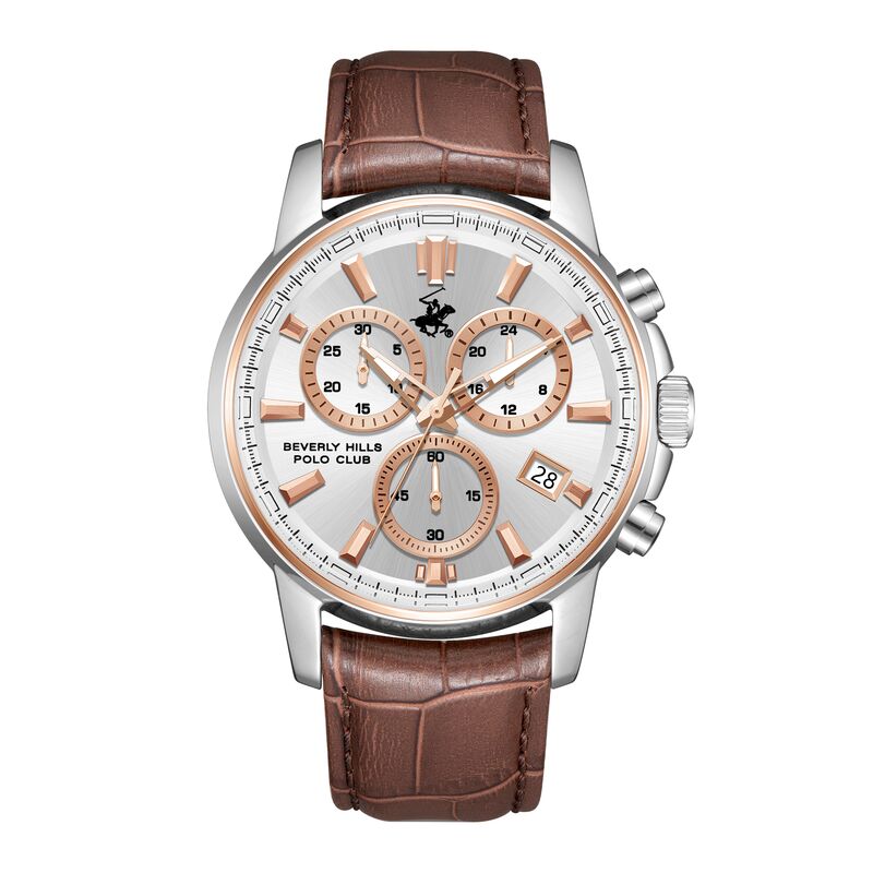 Beverly Hills Polo Club Men's Watch Analog Silver Dial With Brown Leather Band, BP3646X.334