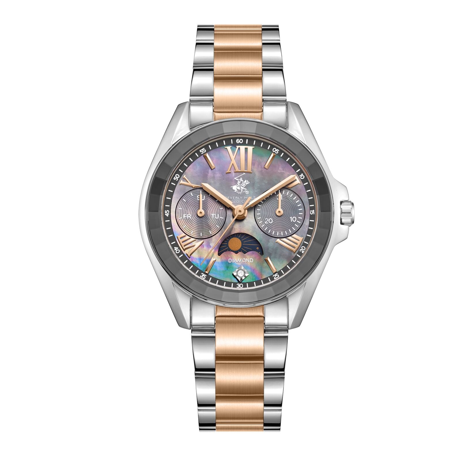 Beverly Hills Polo Club Moon Phase Women's Watch Analog Mother of Pearl Dial with Two-Toned Stainless Steel Band,  BP3763X.560