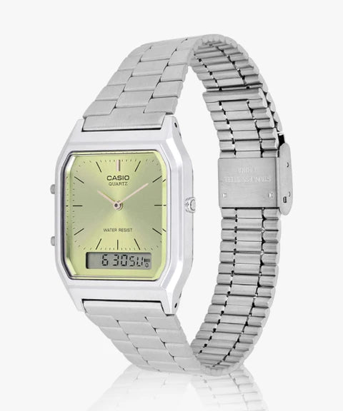 Casio Vintage Unisex Watch Analog-Digital Green Dial with Silver Stainless Steel Band, AQ-230A-9AMQYDF