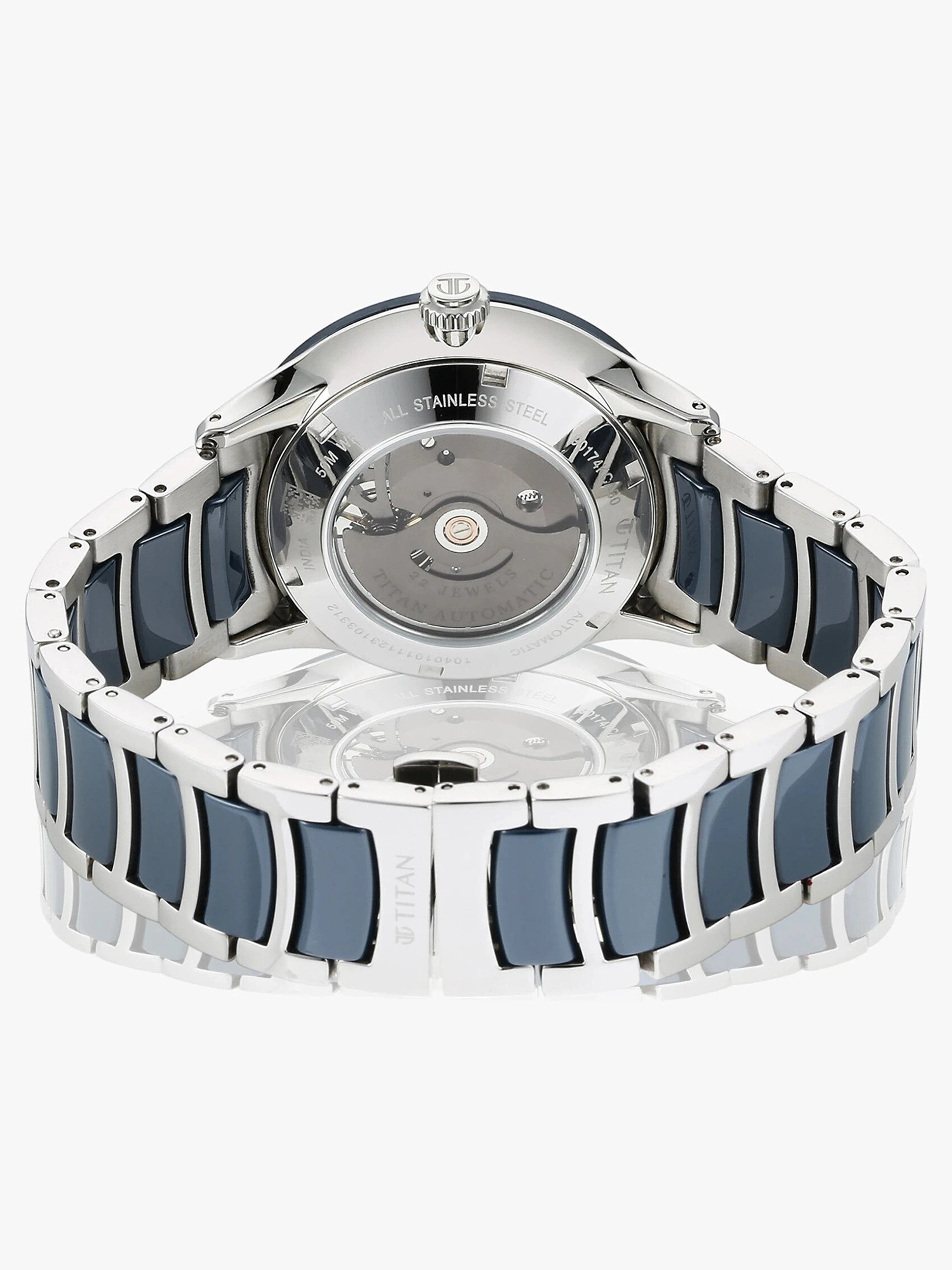 Titan Ceramic Fusion Automatic Men's Watch with Blue Dial and Silver Dual-Toned Stainless Steel,90174KD02_NEW