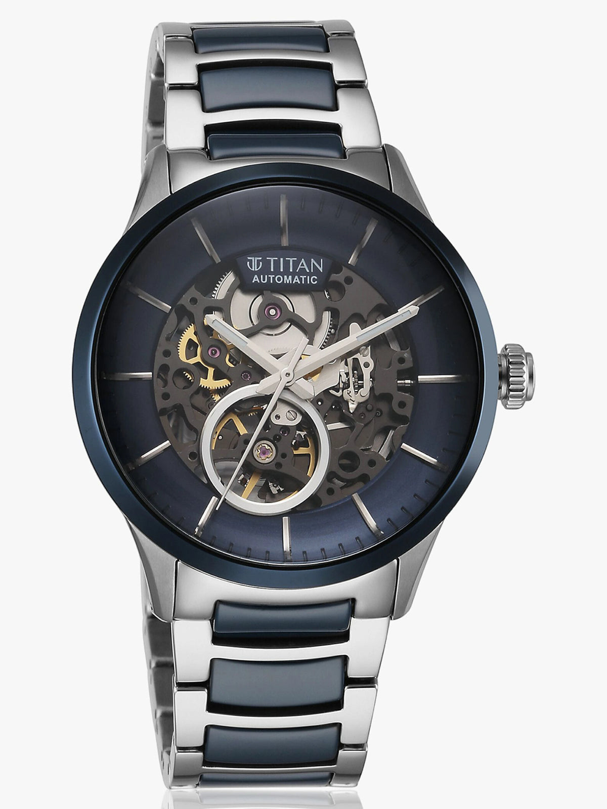 Titan Ceramic Fusion Automatic Men's Watch with Blue Dial and Silver Dual-Toned Stainless Steel,90174KD02_NEW