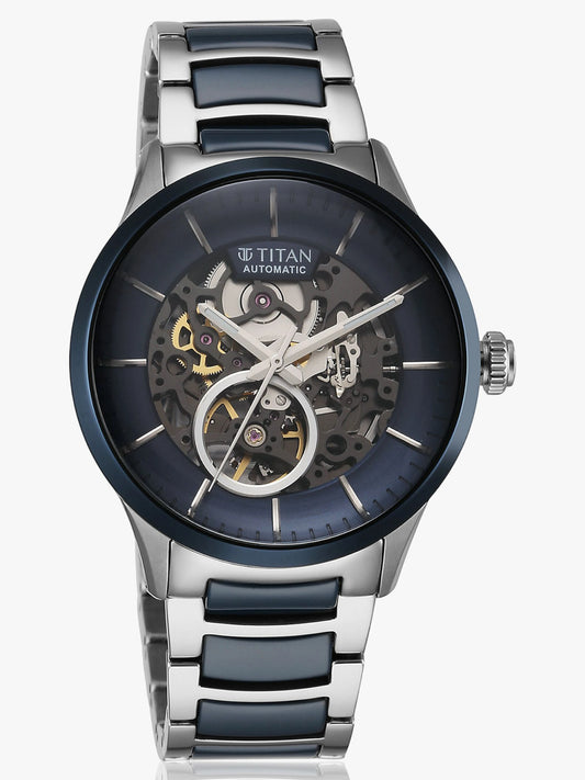 Titan Ceramic Fusion Automatic Men's Watch with Blue Dial and Silver Dual-Toned Stainless Steel,90174KD02_NEW