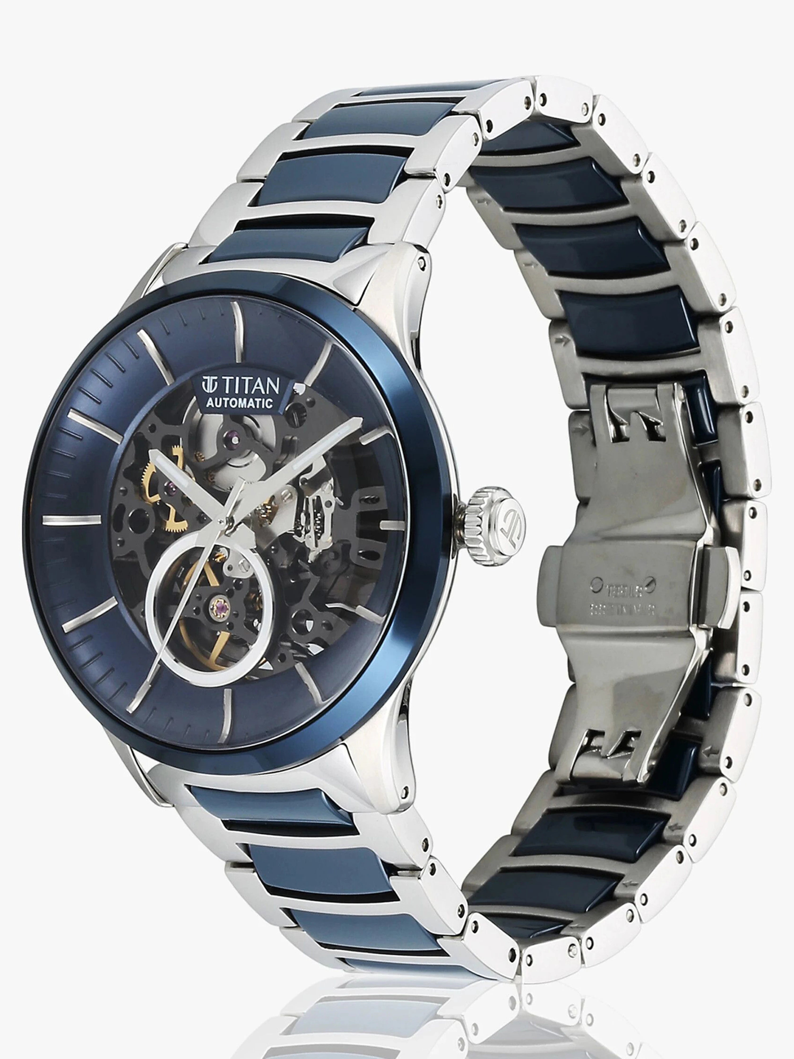 Titan Ceramic Fusion Automatic Men's Watch with Blue Dial and Silver Dual-Toned Stainless Steel,90174KD02_NEW