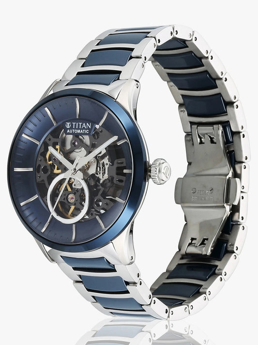 Titan Ceramic Fusion Automatic Men's Watch with Blue Dial and Silver Dual-Toned Stainless Steel,90174KD02_NEW