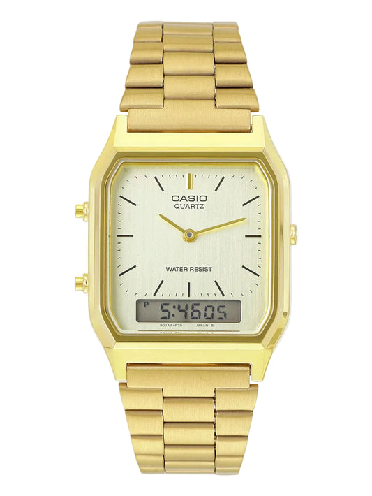 Casio Men's Watch Analog & Digital Combo, Gold Dial Gold Stainless Steel Strap, AQ-230GA-9DMQD