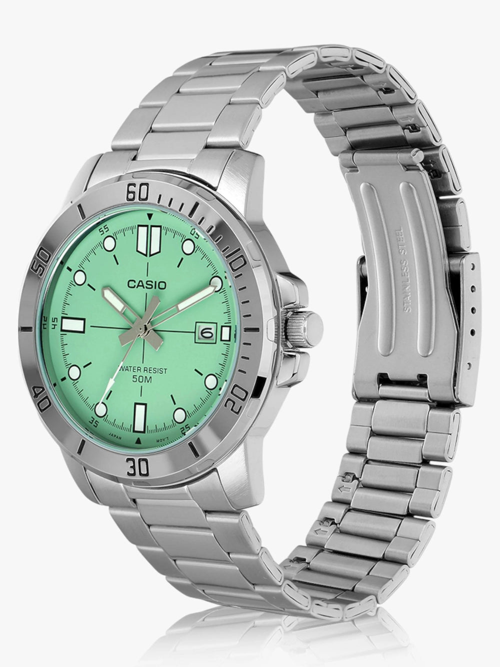 Casio Men's Watch Analog Green Dial with Silver Stainless Steel Band, MTP-VD01D-3E1VUDF