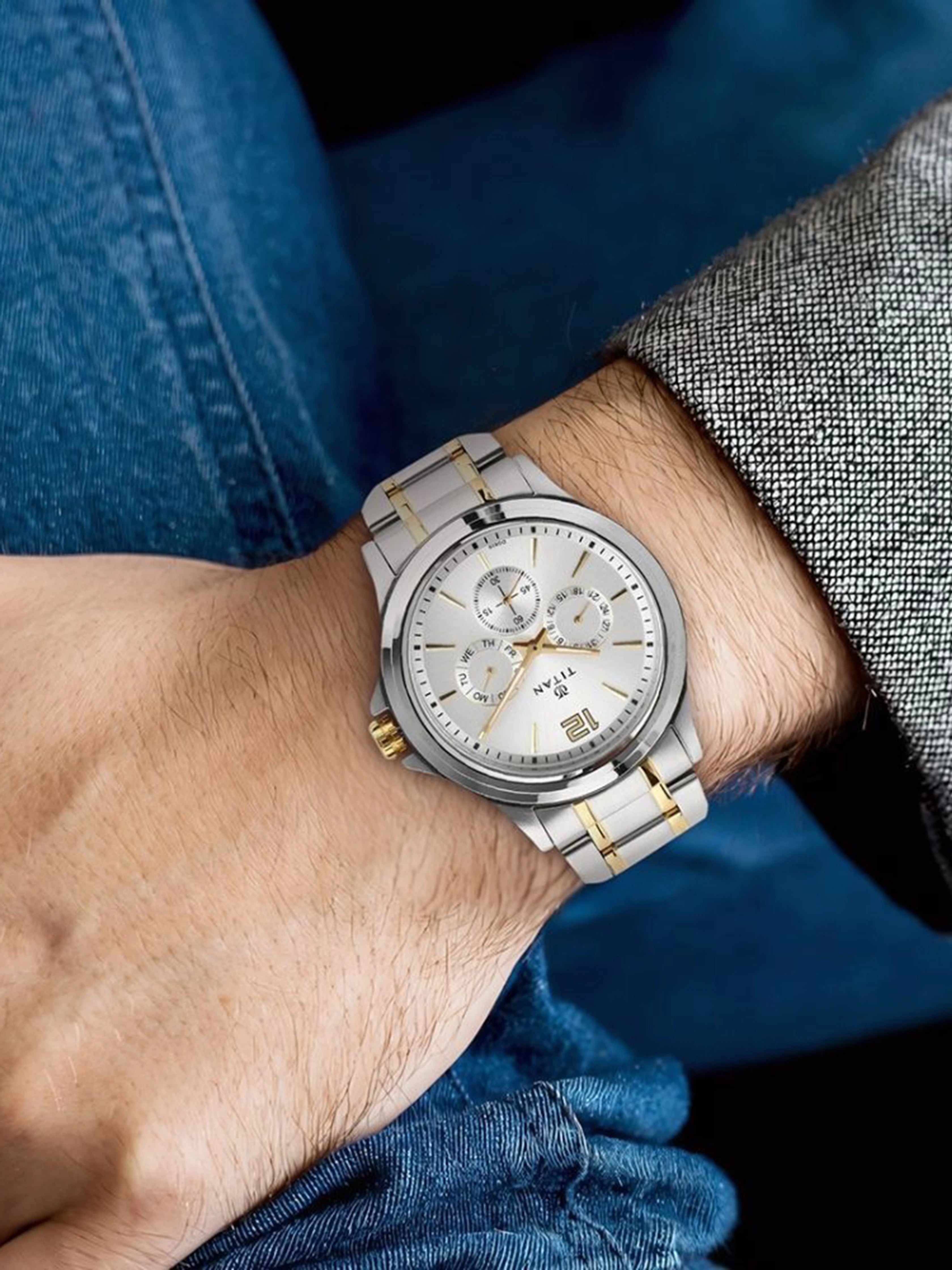 Titan Men's Watch Silver Dial Silver &  Gold Stainless Steel Strap Watch, 1698BM01