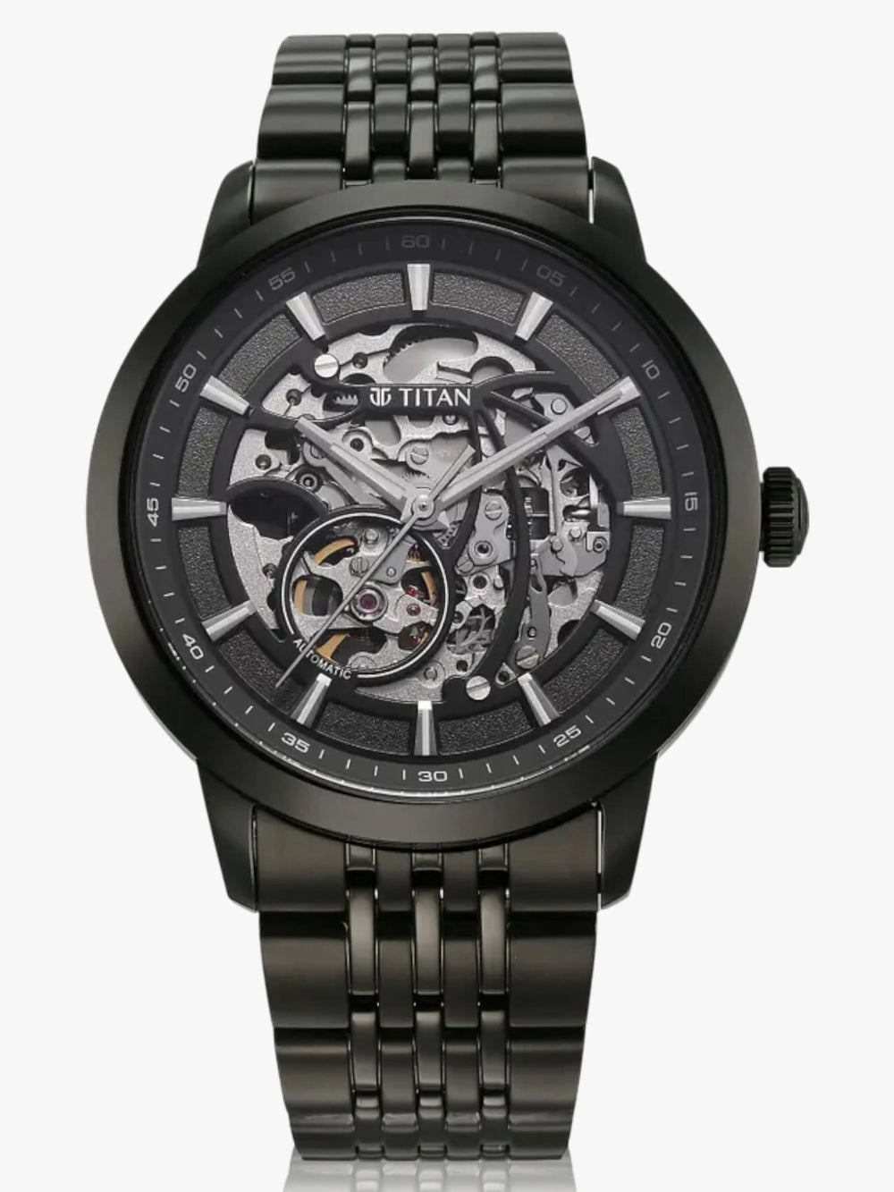 Titan Phoenix Skeletal Men's Automatic Watch Black Dial With Black Tone Stainless Steel Band, 90223NM01