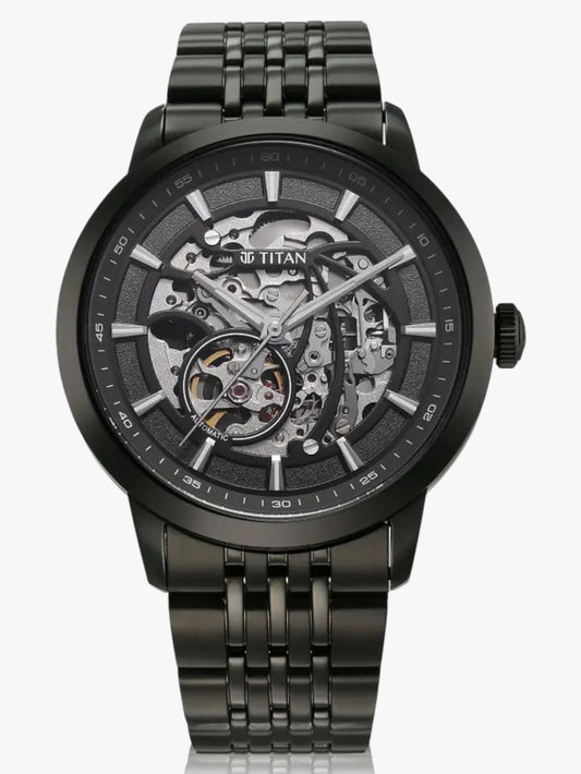 Titan Phoenix Skeletal Men's Automatic Watch Black Dial With Black Tone Stainless Steel Band, 90223NM01