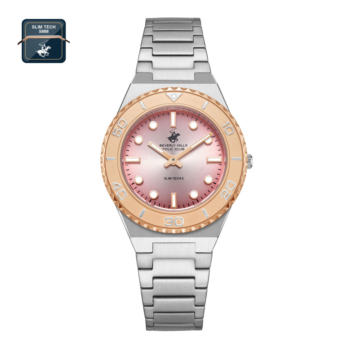 Beverly Hills Polo Club Slim Tech 5 Women's Watch Analog Pink Dial with Silver Stainless Steel Band, BP3713X.380