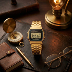 Casio Men's Watch Vintage Collection Digital, Black Dial Gold Stainless Steel Strap, A159WGEA-1DF