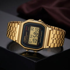 Casio Men's Watch Vintage Collection Digital, Black Dial Gold Stainless Steel Strap, A159WGEA-1DF