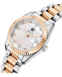Beverly Hills Polo Club Women's Date Analog Watch with White Mother of Pearl Dial and Silver and Rose Gold Stainless Steel Band, BP3801X.520