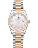 Beverly Hills Polo Club Women's Date Analog Watch with White Mother of Pearl Dial and Silver and Rose Gold Stainless Steel Band, BP3801X.520