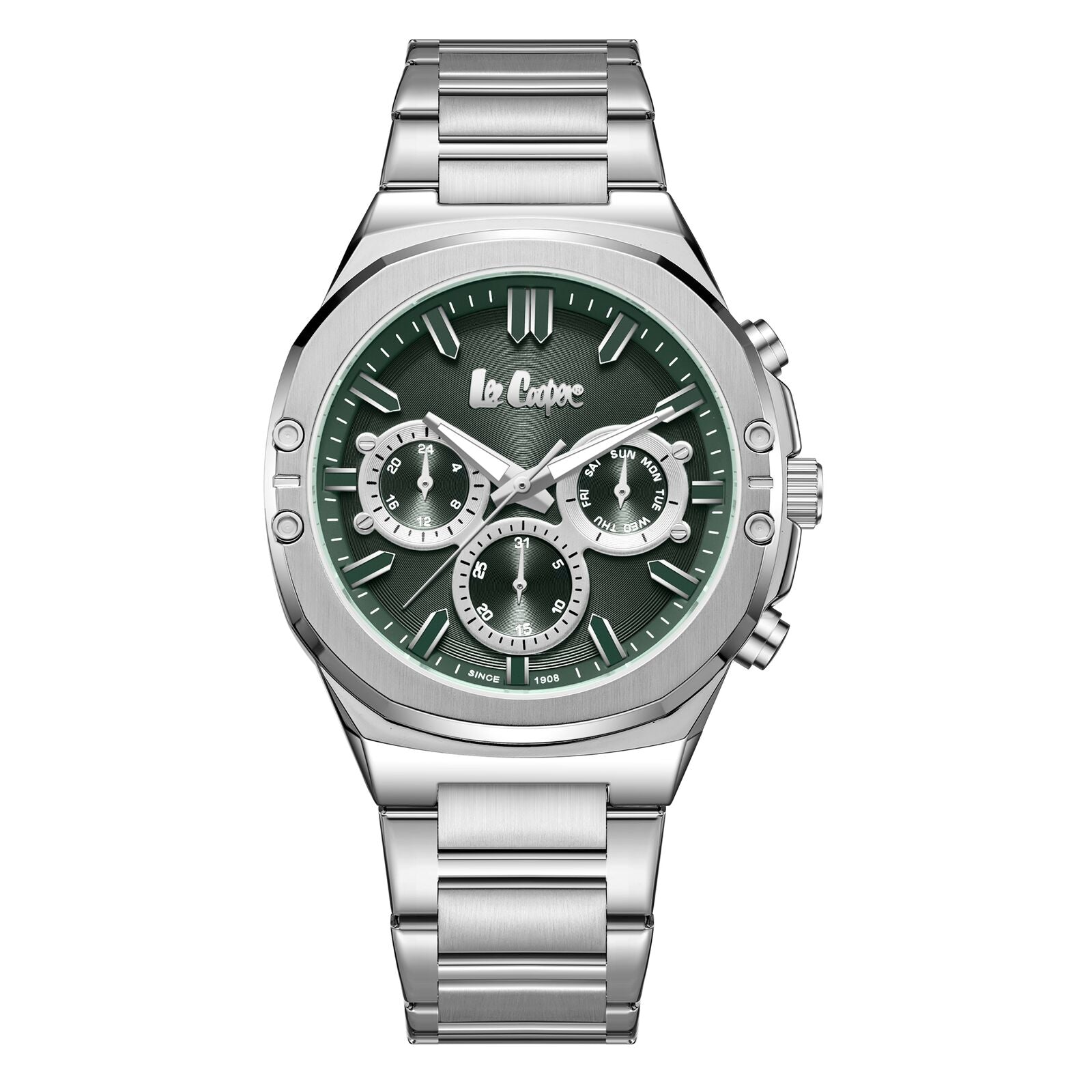 Lee Cooper Men's Watch Analog Green Dial with Silver Stainless Steel Band, LC07991.370