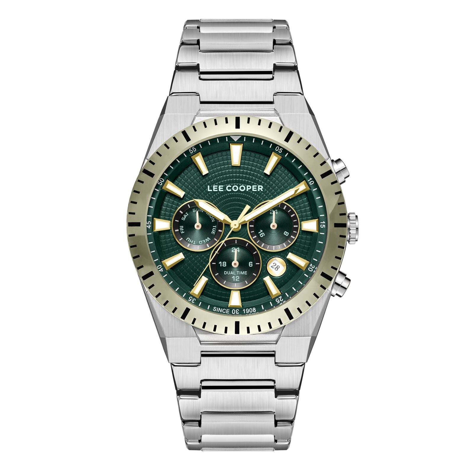 Lee Cooper Men's Watch Analog Green Dial with Silver Stainless Steel Band, LC08100.270