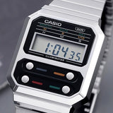 Casio, Unisex Watch Vintage Collection Digital Display, Black Dial Silver Stainless Steel Band, A100WE-1ADF