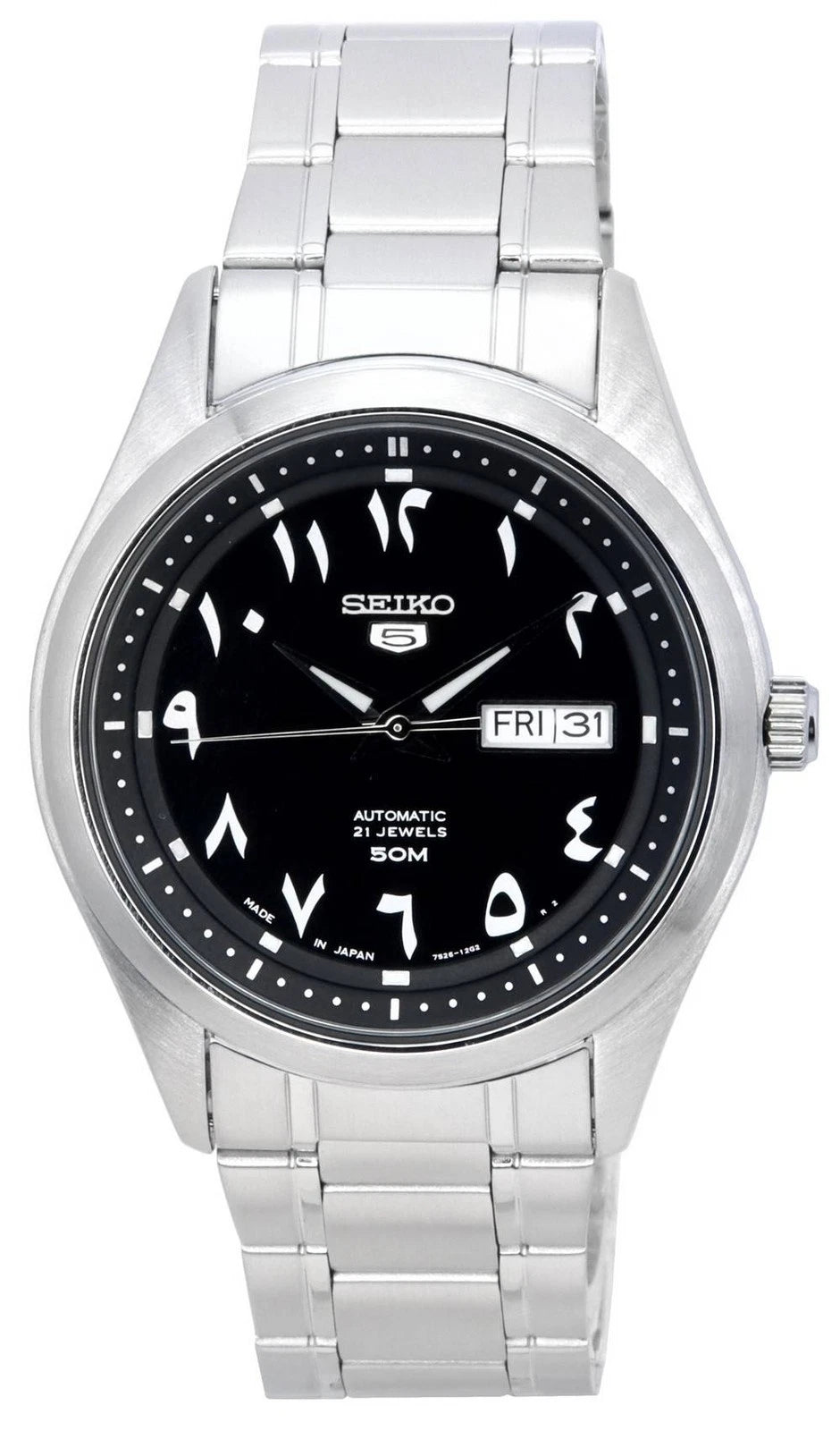 Seiko 21 Jewels Arabic Dial Men's Watch Analog Black Dial with Silver Stainless Steel Band, SNK063J5