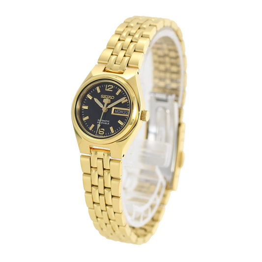 Seiko Women's Mechanical Watch Analog, Black Dial Gold Stainless Band, SYMK38K