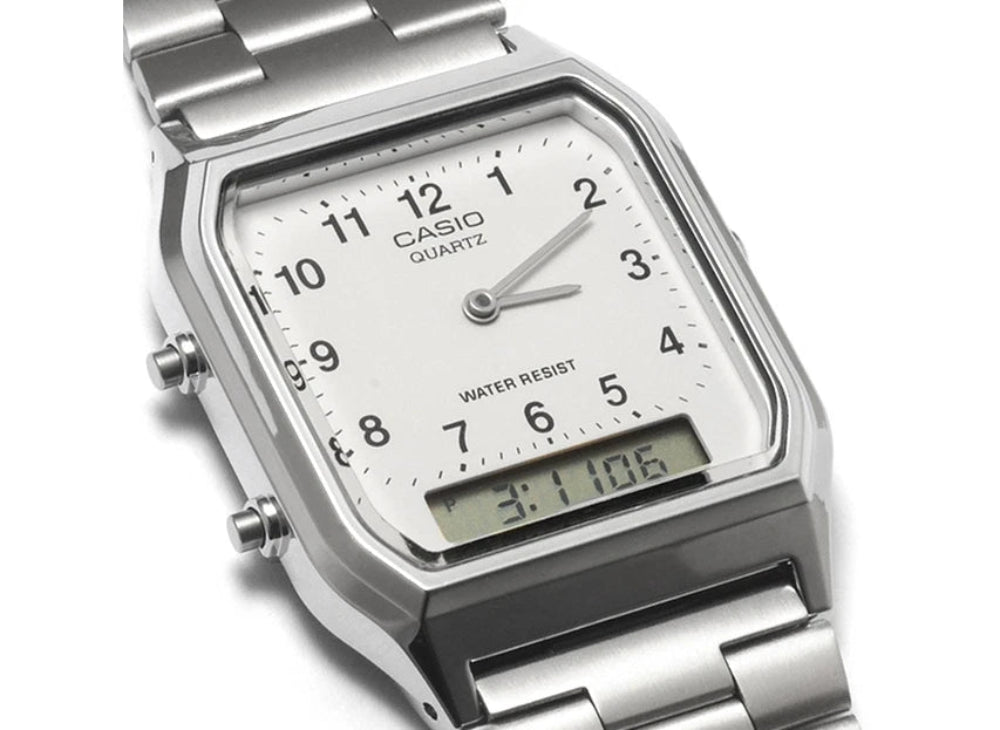 Casio Men's Watch Analog & Digital Combo, White Dial Silver Stainless Steel Strap, AQ-230A-7BMQD