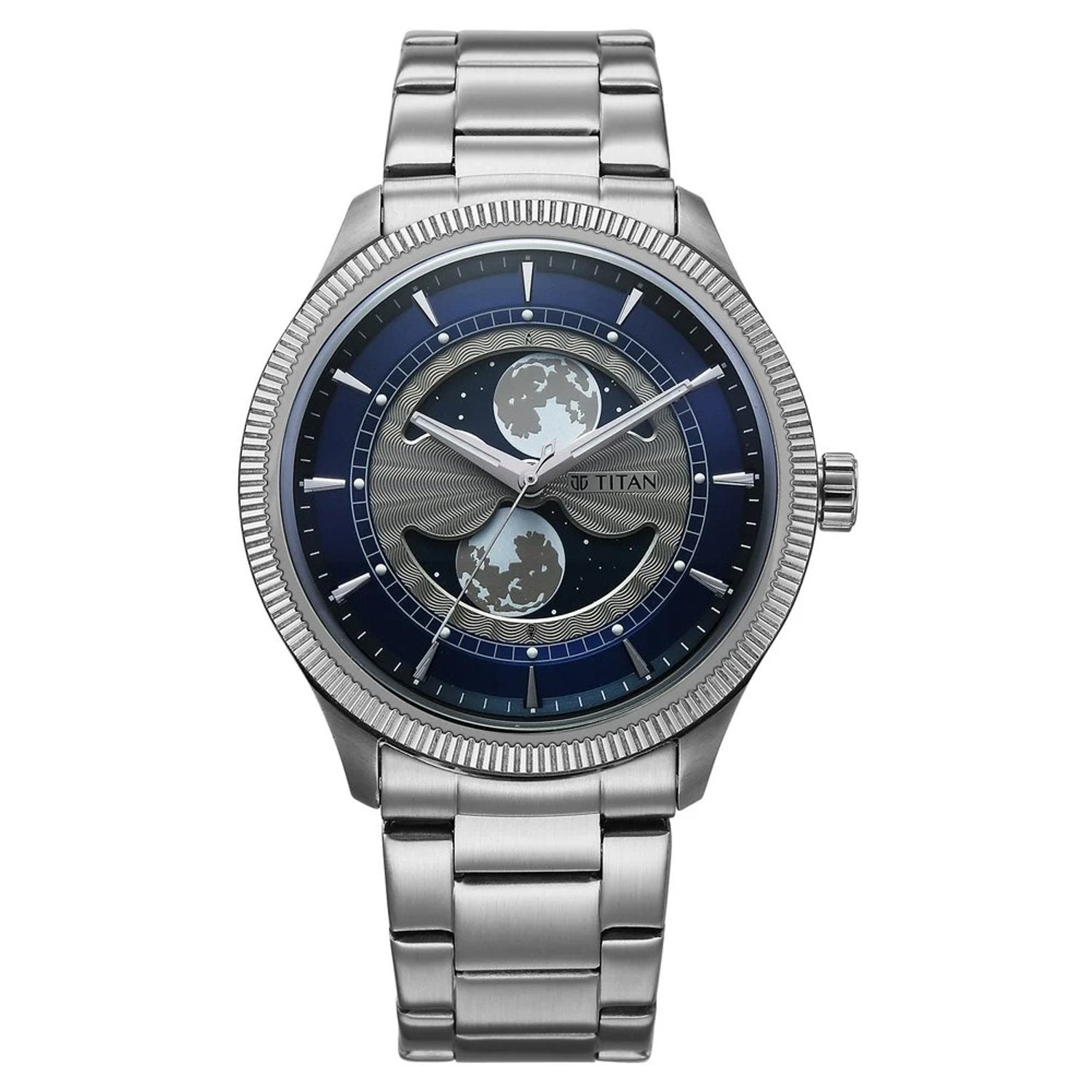 Titan Stellar Analog Men's watch with Dual Moon Phase and Silver Dial and Brown Leather, 10050SM01
